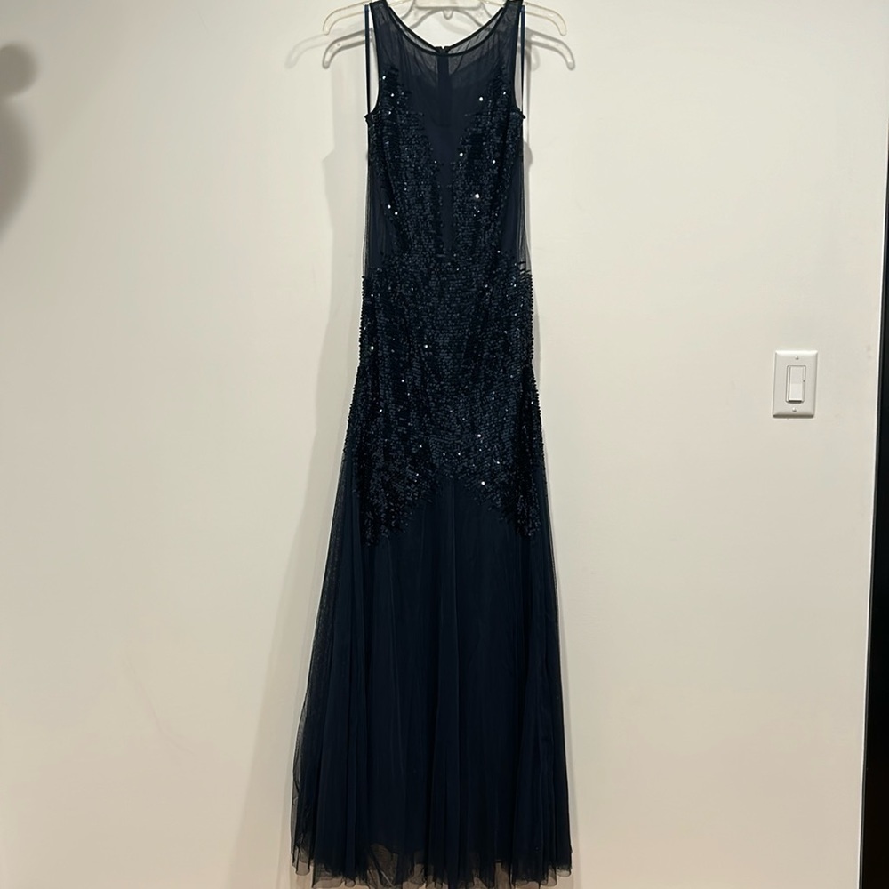 BASIX Black Label Navy Blue Sequin Sheer panel maxi down women’s size 6